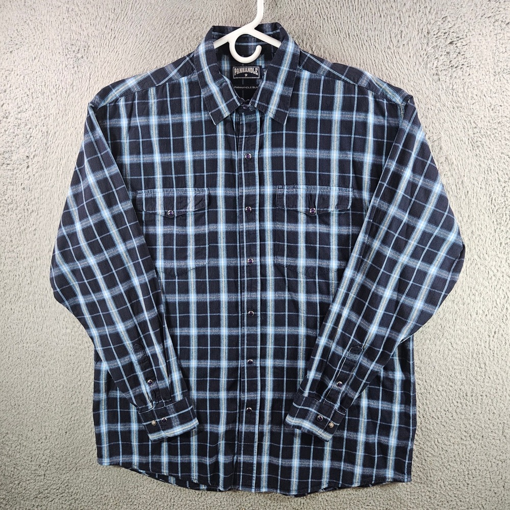 Panhandle Slim Mens XLT‎ Blue Plaid Pearl Snap Western Shirt Cotton